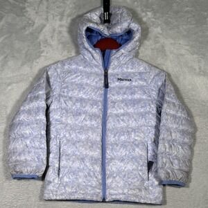Marmot Jacket Youth Small Light Blue Hooded 550 Fill Down Puffer Quilted Tie Dye